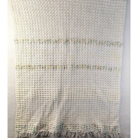 Vintage Handmade Crocheted Baby Blanket 54x32 Pastel Fringe Nursery Decor - Picture 7 of 13